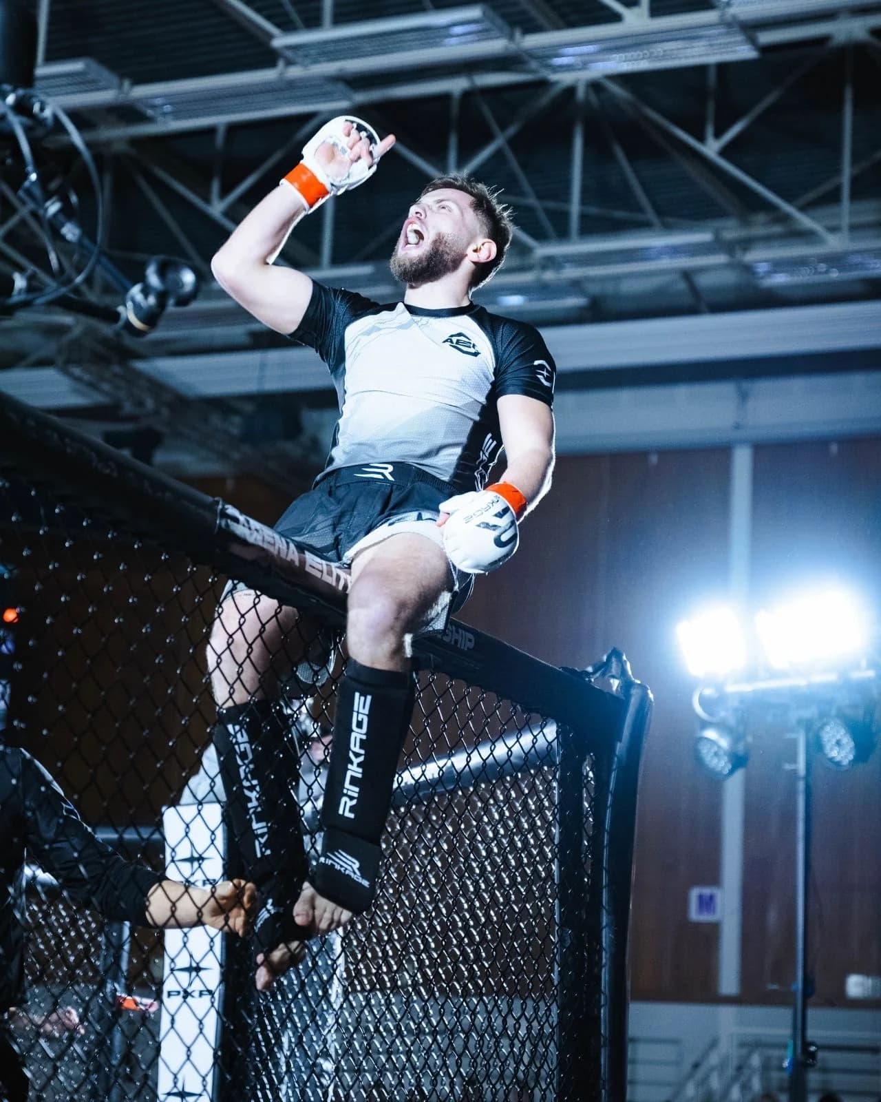 Combattant de MMA debout sur la cage, bras levé, célébrant sa victoire sous les projecteurs